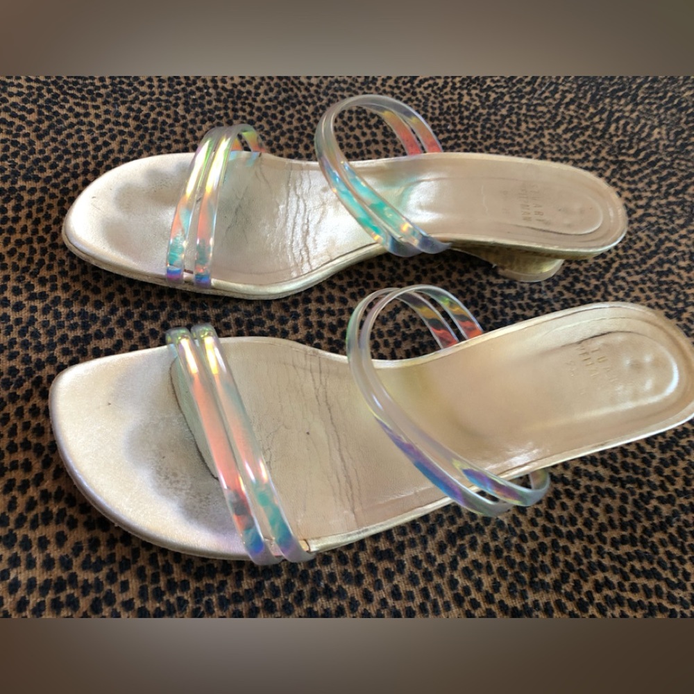 Stuart Weitzman Iridescent Clear Strap Gold Slide Sandals
